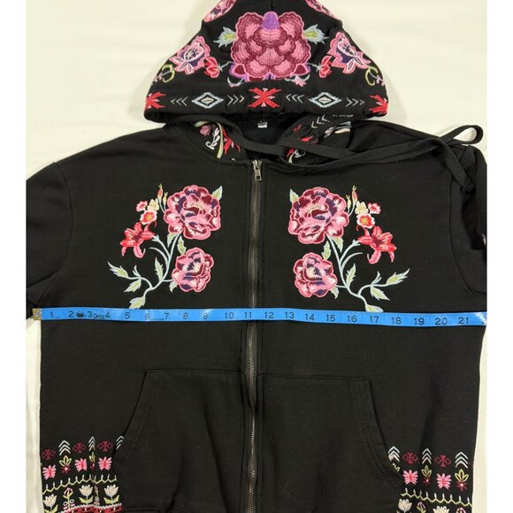 Boho Embroidered Zip Hoodie Jacket Lace Lined Hood Floral Folk Cropped L - Picture 10 of 12